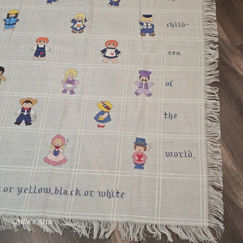 Vintage Childrens Blanket Cross Stitch Boys Girls Jesus Religious Nursery 52x39